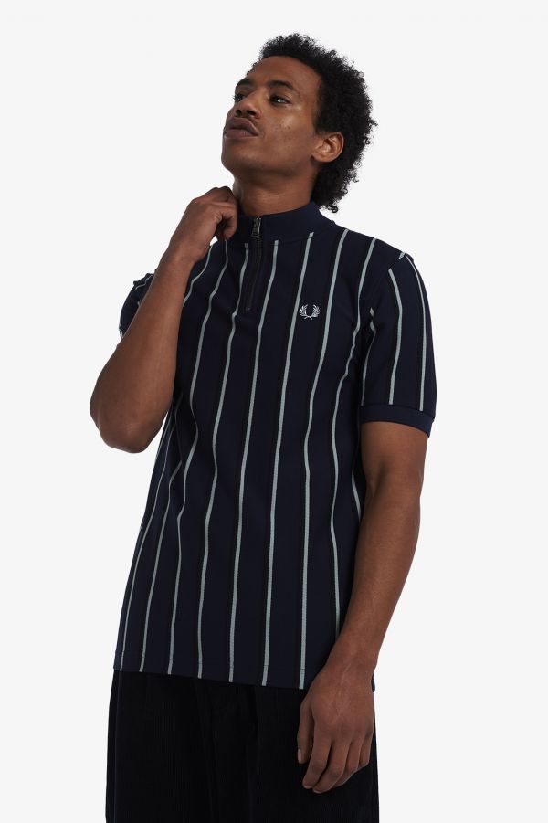 Vertical Stripe Zip Neck Polo Shirt