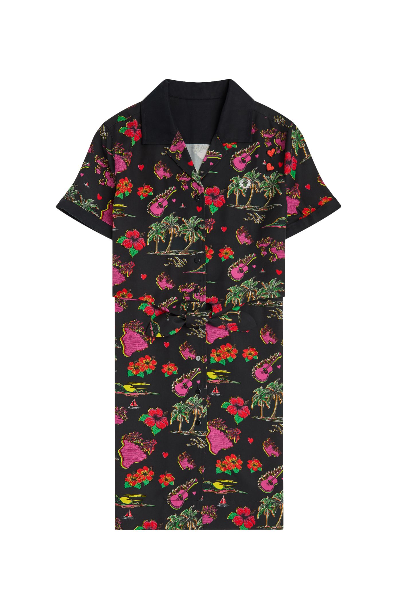 Hawaiian Print Shirt Dress - Black 